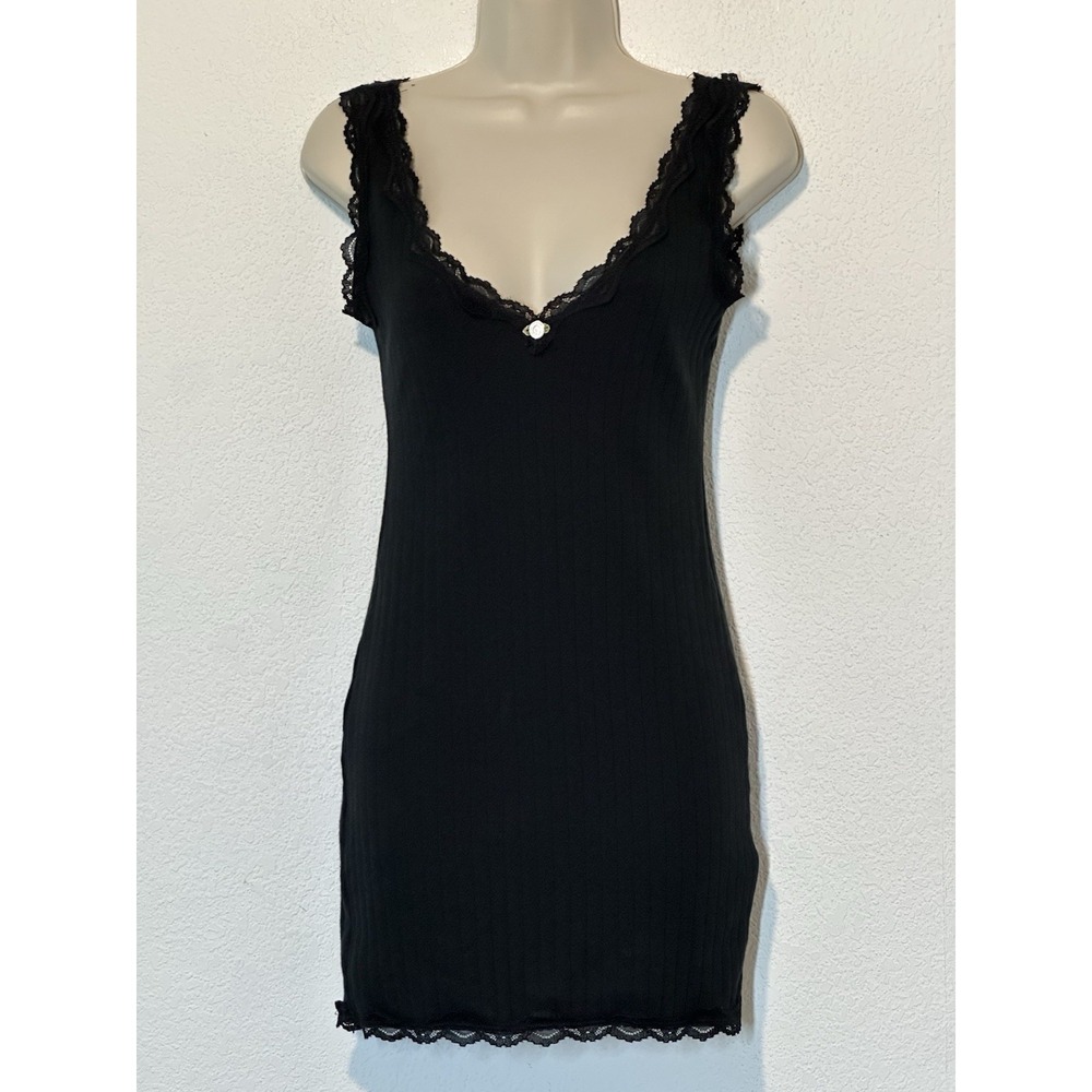 Black Ribbed Knit Lace‎ Trim V Neck Mini Dress Sz M Dainty Coquette Whimsigoth